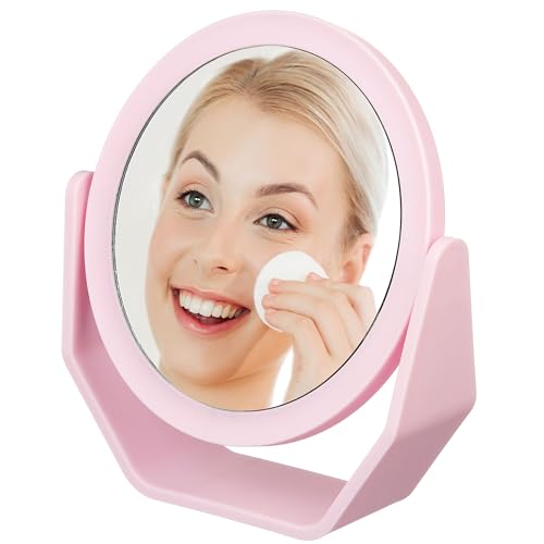 Premium Soft Touch Pink Rotating Makeup Mirror - 1x/2x Magnification | Round Vanity Mirror Handheld Tabletop & Travel. Small Magnifying Desk Mirror for Women - Compact & Easy - color: Pink, size: 7.2"L x 6.6"W