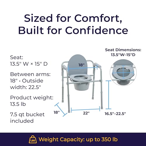 Drive Medical Folding Bedside Commode, Adjustable Height, Supports 350 lb - color: Grey