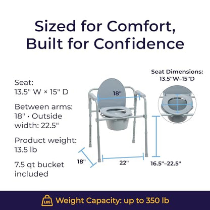 Drive Medical Folding Bedside Commode, Adjustable Height, Supports 350 lb - color: Grey
