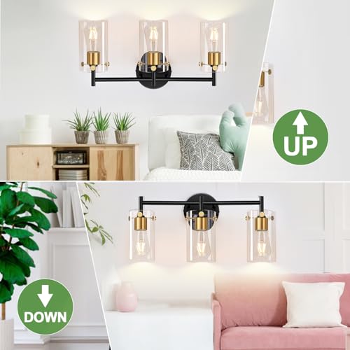 Indoi Bathroom Light Fixtures, 3-Light Black and Gold Vanity Light, Black Bathroom Lights Over Mirror with Clear Glass Shade for Mirror Bedroom Living Room - color: Black and Gold