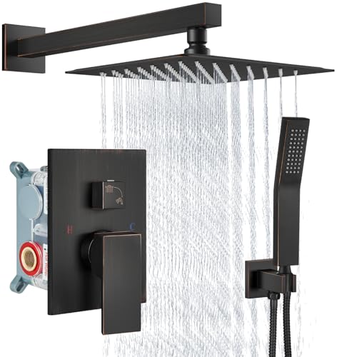 Aolemi Shower Faucet Set with Handheld Oil Rubbed Bronze 8 Inch Head | Pressure Balance Shower Valve and Trim Kit,SUS304 Rain Head and Handle System,All Metal,Wall Mount,Bathroom,Handheld Spray - color: Bronze, size: 8 Inch Wall Mount Shower Head