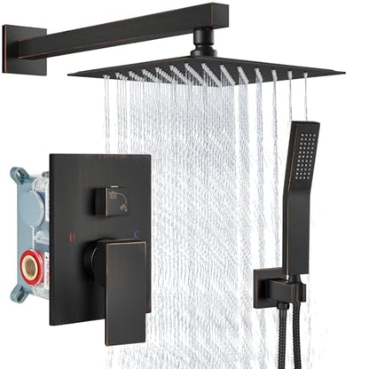 Aolemi Shower Faucet Set with Handheld Oil Rubbed Bronze 8 Inch Head | Pressure Balance Shower Valve and Trim Kit,SUS304 Rain Head and Handle System,All Metal,Wall Mount,Bathroom,Handheld Spray - color: Bronze, size: 8 Inch Wall Mount Shower Head