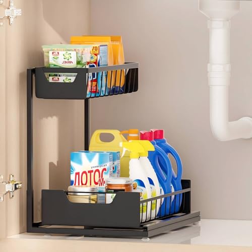 Ceetug Under Kitchen Sink Organizers and Storage, Black, 1 Pack | Slide Out Drawer, L-shape, 2 Tier, Cabinet Organizer for Kitchen Bathroom - color: Black, size: 1 Pack