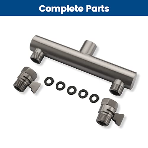 Dual Shower Head Manifold with Brass Shut Off Valve for Double Shower System 2 Fixed Shower Head Manifold, Brushed Nickel - color: Brushed Nickel