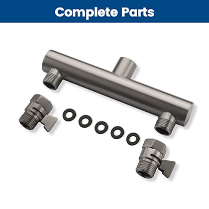 Dual Shower Head Manifold with Brass Shut Off Valve for Double Shower System 2 Fixed Shower Head Manifold, Brushed Nickel - color: Brushed Nickel