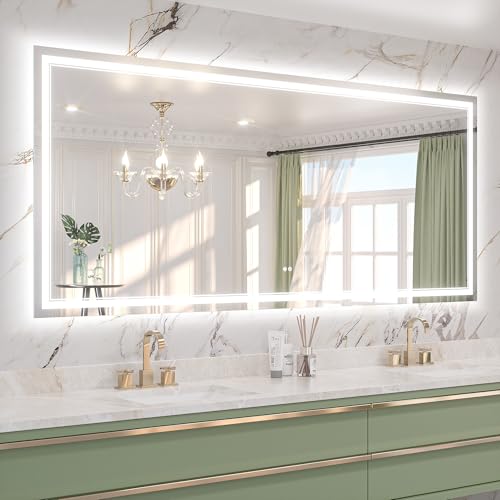 Keonjinn 84" x 36" LED Bathroom Mirror with Frontlit & Backlit, Oversized | Safe HD Tempered Glass, 3 Color Lights, Dimmable, Defogging, Effortless French Cleat Installation, Lighted Bathroom Mirror - size: 36"L x 84"W