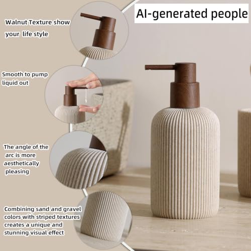 Bathroom Accessories Set, 5 PCS Modern Bath Organizer, Beige | Sandstone Look, Stripe,13.53 OZ Soap Dispenser,Toothbrush Holder,Tumbler,Soap Dish,Candle Holder for Countertop Kitchen Sink - color: Beige