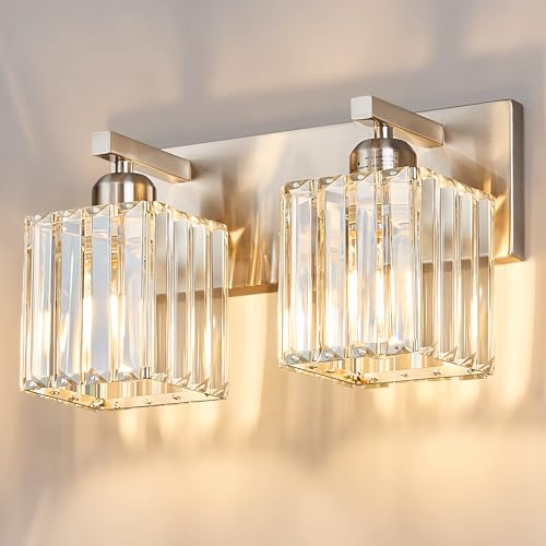 Modern Vanity Light 2-Lights Brushed Nickel Vanity Light Crystal Bathroom Wall Light Bathroom Light Fixtures - color: Nickel Straight, size: 2-light