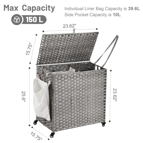 Laundry Hamper with Wheels, 39.6 Gallon(150L) Rolling Laundry Basket with Lid, Removable Large 2 Color Liners & 3 Mesh Laundry Bags, Clothes Hamper with Side Pocket, Grey - color: Grey, size: 23.62"L x 15.75"W x 25.6"H
