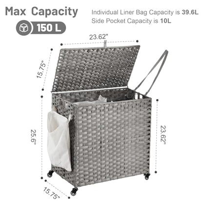 Laundry Hamper with Wheels, 39.6 Gallon(150L) Rolling Laundry Basket with Lid, Removable Large 2 Color Liners & 3 Mesh Laundry Bags, Clothes Hamper with Side Pocket, Grey - color: Grey, size: 23.62"L x 15.75"W x 25.6"H