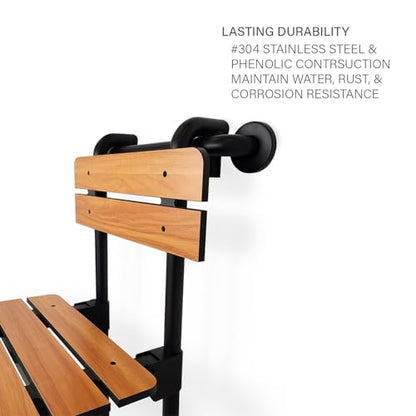 Seachrome Profile Folding Shower Seat with 18 inch Grab Bar, Removable Hanging Bench with Backrest & Legs, Teak Phenolic Seat, Black Stainless Steel Grab Bar - color: Teak, Black