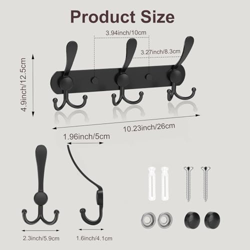 YUNISS Coat Rack Wall Mounted，5 Tri Stainless Steel Coat Hook for Coat Hat Robes Towel in Mudroom Entryway (Black, 2 Pack 3 Hook) - color: Black, size: 2 Pack 3 Hook