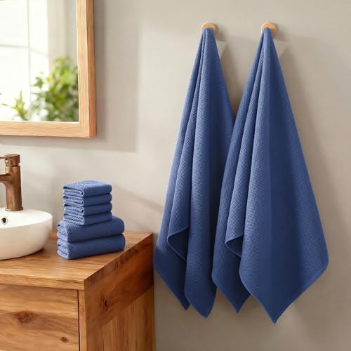 REDKISS Quick Dry Waffle Towel Set of 8, 100% Cotton,Lightweight & Highly Absorbent Waffle Towels for Bathroom, Spa, Gym, Pool-2 Bath Towels, 2 Hand Towels & 4 Washcloths,Blue - color: Blue