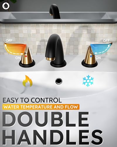 WOWOW Black and Gold Widespread Bathroom Faucet Bathroom Sink Faucet 3 Hole Vanity 2 Handle Basin 8 Inch Mixer Tap with Pop Up Drain and Supply Hose - color: Black and Gold