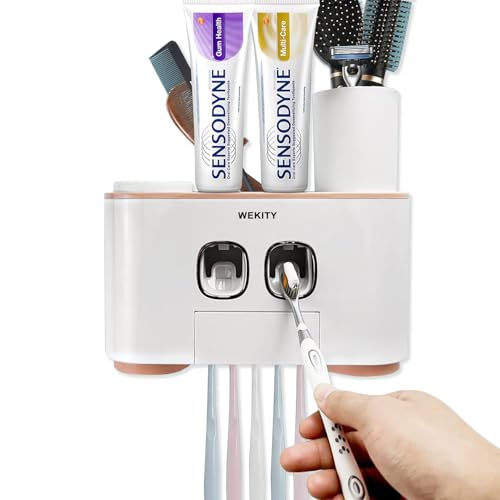Toothbrush Holder Wall Mounted, WEKITY Multi-Functional Toothbrush and Toothpaste Dispenser for Bathroom, with 5 Toothbrush Slots, 2 Toothpaste Squeezers and 4 Cups(Pink) - color: Pink