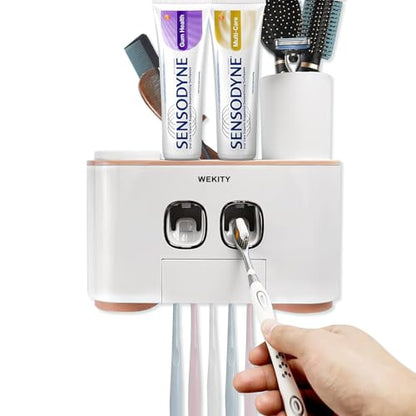 Toothbrush Holder Wall Mounted, WEKITY Multi-Functional Toothbrush and Toothpaste Dispenser for Bathroom, with 5 Toothbrush Slots, 2 Toothpaste Squeezers and 4 Cups(Pink) - color: Pink