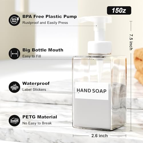 Kzeirm Foaming Soap Dispenser for Bathroom & Kitchen 15 Oz, Refillable Foam Hand Soap Dispenser for Liquid Soap, 2Pcs Foam Pump Bottle with Waterproof Labels, Clear - color: Clear