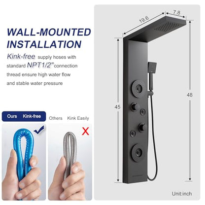 5 in 1 Rainfall Shower Panel Tower with Tub Spout, Matte Black | Stainless Steel Shower Column with 2-Setting Body Massage Jets, Flexible Handheld and Waterfall Tub Spout - color: Matte Black