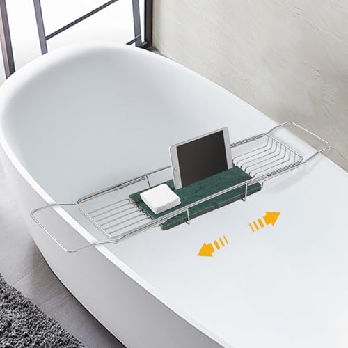 Expandable Bathtub Tray, Stainless Steel Bath Tub Caddy with Marble Base, Adjustable Over Tub Rack with Phone Tablet Holder, Bathtub Organizer (Silver) - color: Silver