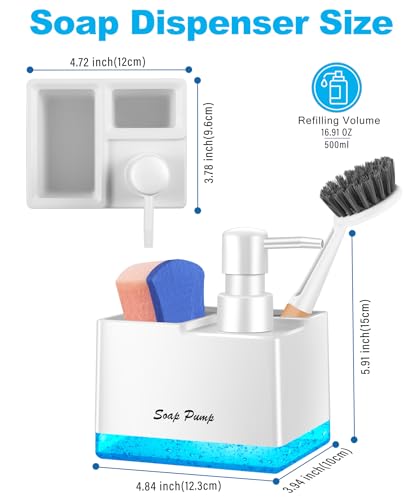 Dish Soap Dispenser with Sponge Holder, Small Hand Soap Dispenser with Sponge Caddy and Brush Holder, 3-in-1 Countertop Organizer for Kitchen Sink and Bathroom (White) - color: White