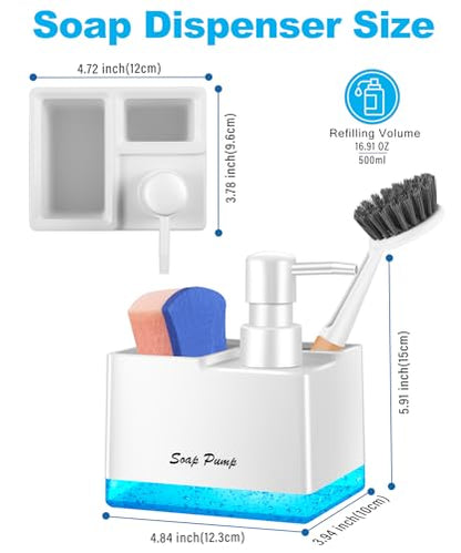 Dish Soap Dispenser with Sponge Holder, Small Hand Soap Dispenser with Sponge Caddy and Brush Holder, 3-in-1 Countertop Organizer for Kitchen Sink and Bathroom (White) - color: White