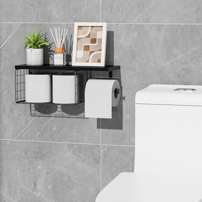 VITVITI Toilet Paper Holder with Shelf, Wall Mounted Storage Basket, Black | Farmhouse Wall Mount Toilet Paper Holder Shelves, Wood Metal Toilet Roll Wipes Holder for Bathroom - color: Black