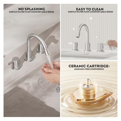 Pull Down Sprayer Brushed Nickel Widespread Bathroom Sink Faucet, 8 Inch 2 Handles 3 Hole Pull Out Bathroom Faucet,with Pop Up Drain and Water Supply Line,BF04022-K01-GBN - color: Brushed Nickel
