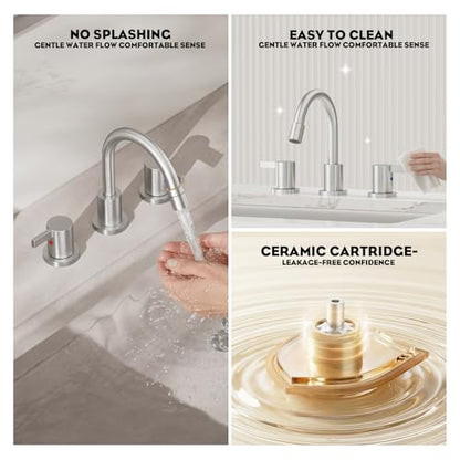 Pull Down Sprayer Brushed Nickel Widespread Bathroom Sink Faucet, 8 Inch 2 Handles 3 Hole Pull Out Bathroom Faucet,with Pop Up Drain and Water Supply Line,BF04022-K01-GBN - color: Brushed Nickel