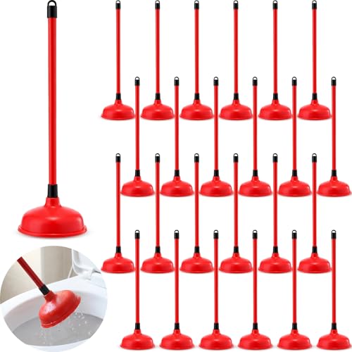Reallnaive 24 Pack Toilet Plungers Bulk with 19.7 Inch Long Handle Force Suction Cup Rubber Plunger for Bathroom to Fix Clogged Toilets Drains (Red) - color: Red