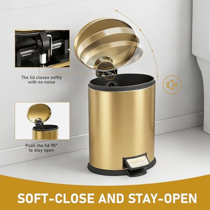 SIMPLYKLEEN Bathroom Trash Can with Lid - 2PC 1.3 Gallon/ 5L Oval Small Trash Can with Soft-Close Lid, Foot Pedal, Brushed Stainless Steel, Removable Liner, Garbage can for Kitchen, Office, Home Gold - color: Gold, size: 5L Oval 2PC