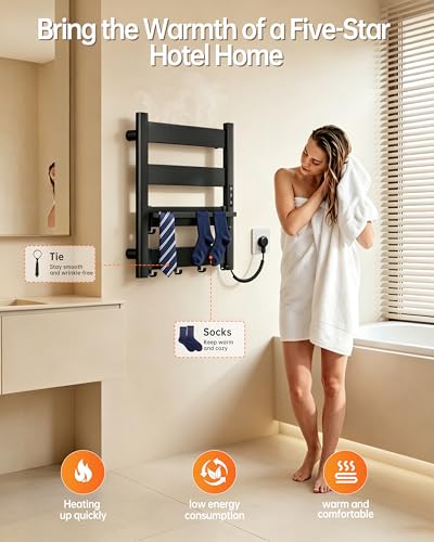 4-Bar Wall Mounted Heated Towel Rack for Bathroom, Matte Black | PTC Fast Heating to 170°F in 6 Minutes, Adjustable Temperature 110-170°F, 2-12H Timer, Space Aluminum Towel Warmer - color: Black, size: PTC 4-Bars