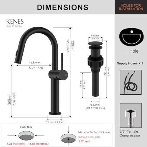 Matte Black 1 Handle Tall Vessel Sink Faucet with Pull Down Sprayer | Vessel Bowl Faucet with Pop Up Drain & Supply Lines, Lead-Free cUPC & NSF Certified, 1 Hole Faucet for Vanity RV Restroom - color: Matte Black, size: Tall