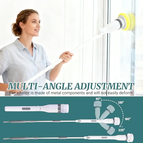 Electric Spin Scrubber, IPX7 Waterproof Shower Cleaning Brush with 8 Replaceable Brush Heads, Extendable Long Handle and 2 Adjustable Speeds Tools White