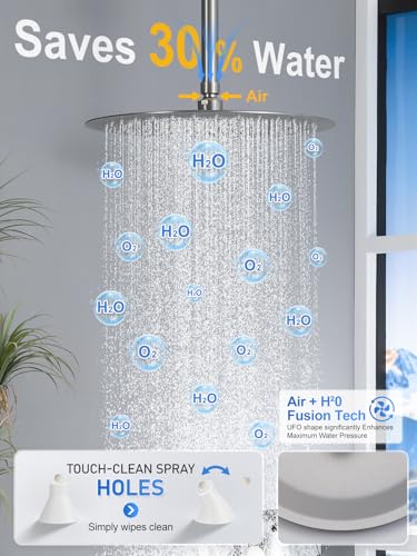 Woindo Shower Faucet Set with Slide Bar, 12" Rain Shower Head/8'' Side Shower Head and 10 Setting Handheld Ceiling Mount 3 Push Button Diverter Complete Rainfall Shower System Included Valve Trim Kit - color: Brushed Nickel, style: 12"-R-Ceiling-02