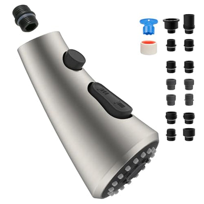 Curve Kitchen Faucet Sprayer Head Compatible with Kohler, Brushed Nickel | NSF/ANSI/CAN 372 Certified, 14 Adapter Kit for Universal Fit Use, 3 Function Pull Down Sink Faucet Spray Head Replacement - color: Brushed Nickel, style: Curve Design