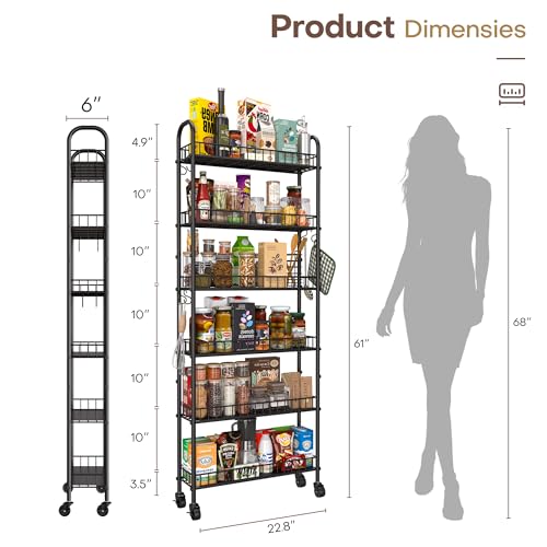 Slim Rolling Storage Cart with Wheels, Metal 6 Tier Spice Rack Mobile Shelving Unit Organizer Kitchen Utility Cart for Office Bathroom Kitchen Laundry Room Narrow Places (6inches) - size: 6inches