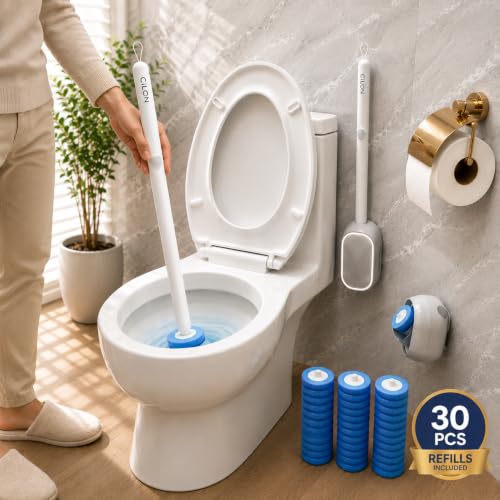 CiLoN 30 Pack Disposable Toilet Bowl Brush & Holder Set with Auto-Open Lid | Wall-Mounted Disposable Toilet Cleaning Set For Touch-Free Space-Saving Hygienic Modern Bathrooms (Starter Kit + 30 Sponge) - size: Starter Kit + 30pcs Refill Heads
