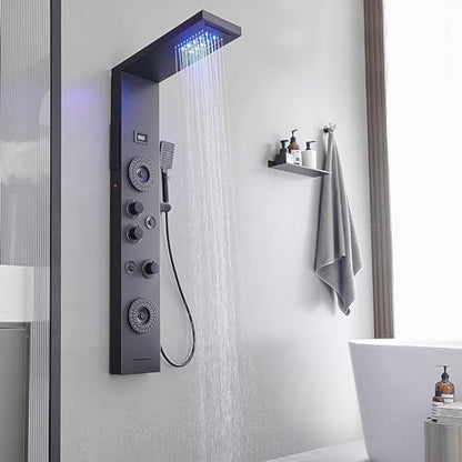 Black Shower Panel Tower System LED Rainfall Waterfall Head | 6 Functions,Rain Massage,Body Jets,Handheld Shower,Tub Spout,Temperature Display,Wall Mount, Stainless Steel Shower Panel - color: Matte Black, style: Shower Panel-LED