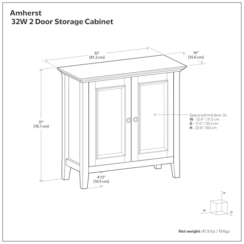 SIMPLIHOME Amherst 32" Wide Solid Wood Cabinet in Hickory Brown | Transitional-style low storage cabinet with adjustable shelves for organized living room, entryway or dining area storage.