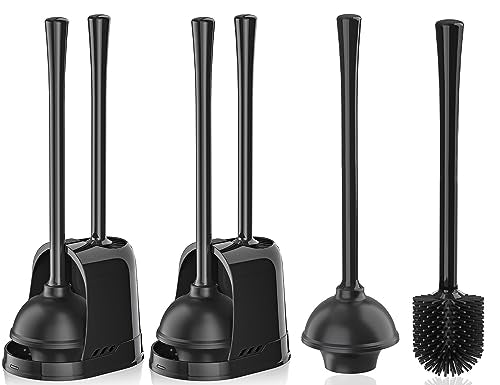 LOVLOY 2 Pcs Toilet Plunger and Brush, Silicone Bowl Brush and Heavy Duty Toilet Plunger Set with Ventilated Holder, 2-in-1 Toilet Brush and Plunger Combo for Bathroom Cleaning (Black, 1 Set)