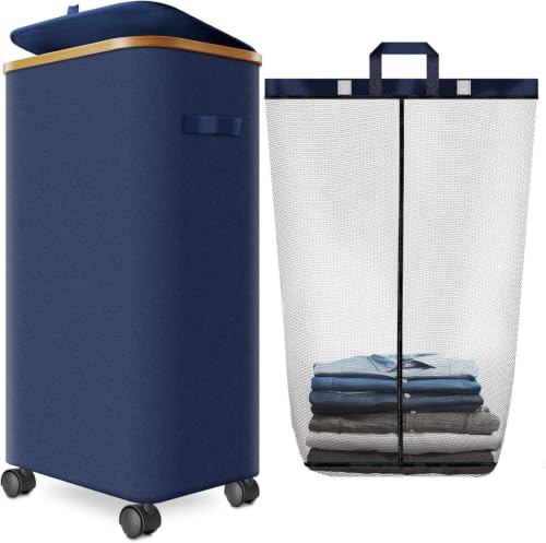 Laundry Hamper with Wheels, 75L Rolling Laundry Basket with Lid | Clothes Hampers for Laundry with Inner Bag, Dirty Clothes Hamper for Bedroom, Dorm, Bathroom, Laundry Room - color: Blue, size: 110 L