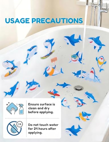26Pcs Non Slip Bathtub Stickers, Cute Shark Stickers with Scraper | Sea Creature Anti Slip Bath Tub Shower Decal with Adhesive Back for Bathroom, Shower Stairs - color: Shark, size: 26Pcs
