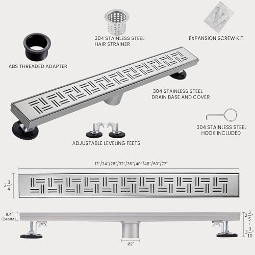 48 Inch Linear Shower Drain, Brushed Nickel Shower Drain,Removable Grate, 304 Stainless Steel, Easy to Install and Clean for Bathrooms (Drain Base Not Included), LSD-14A-48S