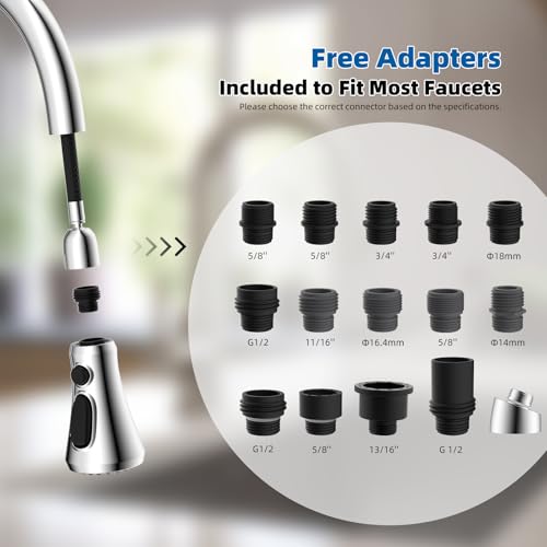 Hibbent Pull Down Kitchen Faucet Head Replacement, NSF/ANSI/CAN 61 & CUPC Certified 3-Function Sink Spray Nozzle with 15 Adapters Compatible with Moen, Delta, Kohler Faucets, Chrome - color: Chrome, style: 1.8 Gallon Per Minute