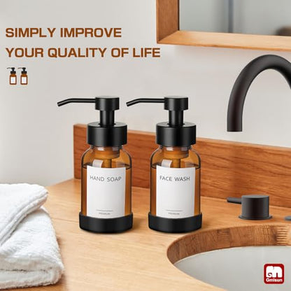 GMISUN Amber Foam Soap Dispenser, 8.5 Fl oz Amber Glass Foaming Hand Soap Dispenser for Bathroom & Kitchen, 2 Pcs Modern Refillable Foaming Soap Dispensers, Foam Pump Bottle with Label & Silicone Boot - color: Amber Bottle, size: 8.5 Fl oz with Silicone B