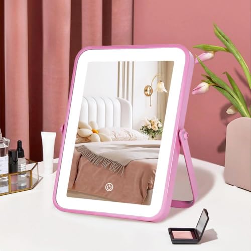 YEKKOPT Pink Rechargeable Vanity Mirror with Lights, 10"×7" LED Makeup Mirror with Lights, Smart Touch Control Dimmable 3 Modes Light, Lighted Up Mirror for Makeup Desk, Bedroom, Dressing Room - color: Pink, size: 10"L x 7"W