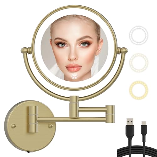10X Magnifying Make up Mirror Wall Mounted with Light, Satin Brushed Gold | Double-sided Bathroom Close Makeup Vanity, 360 Rotation Swing Arm, Brass, 3 Color Lighting, Touch Dimmable, Rechargeable - color: Satin Brushed Gold