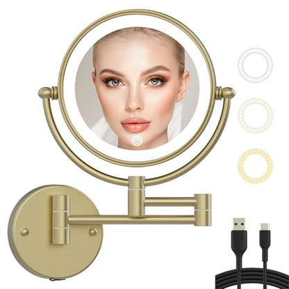 10X Magnifying Make up Mirror Wall Mounted with Light, Satin Brushed Gold | Double-sided Bathroom Close Makeup Vanity, 360 Rotation Swing Arm, Brass, 3 Color Lighting, Touch Dimmable, Rechargeable - color: Satin Brushed Gold