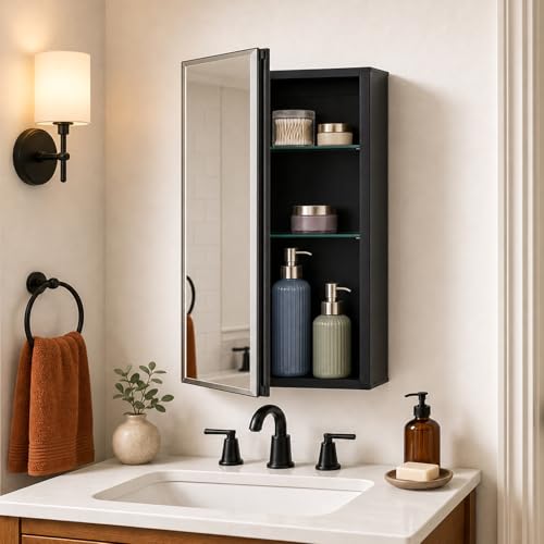 14 x 24 Black Aluminum Medicine Cabinet with Mirror, Recessed/Surface Mount | Bathroom Medicine Cabinet, 2 Adjustable Glass Shelves, Double-Sided Beveled Mirror Door, Soft-Close Hinge, Reversible Swing