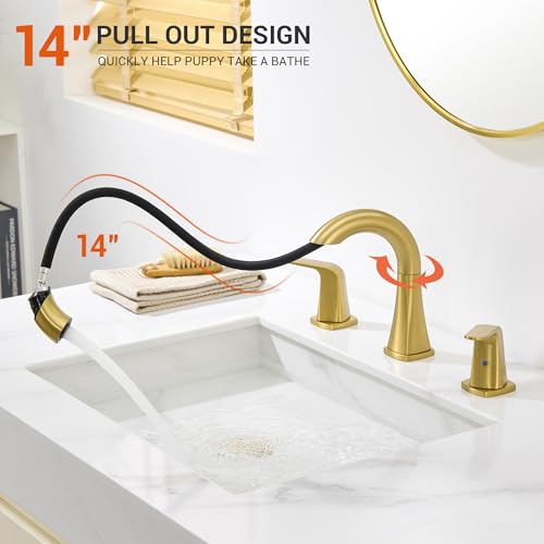 Gold Bathroom Faucet with Sprayer - Brushed Gold Faucets for Sink 3 Holes, Bathroom Pull Down Faucet, 2 Handles 8 Inch Widespread Vanity Faucet with Pull Out Sprayer & Pop-up Drain - color: Brushed Gold